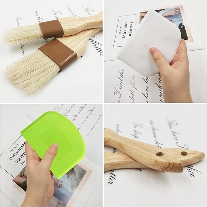 Set of 4, Pastry Brushes and Dough Scraper, findTop Basting Oil Brush with Boar Bristles Wooden Handle Hanging Hole with Extra Dough Scraper for Bread Dough BBQ Sauce Baking Cooking