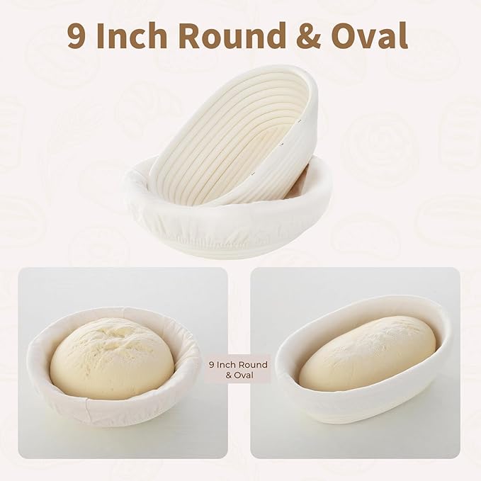 Banneton Basket Set of 2-9 Inch Oval & Round Proofing Baskets with Liners for Sourdough Bread Baking