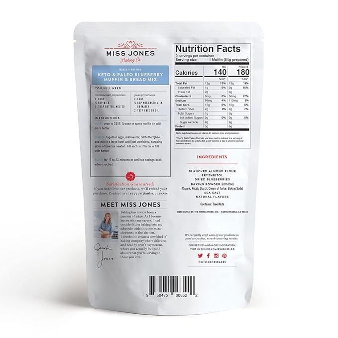 Miss Jones Baking Blueberry Muffin Mix - Almond Flour, Gluten Free, Low Carb, No Sugar Added, Naturally Sweetened Desserts & Treats - Keto, Diabetic, Atkins, WW, and Paleo Friendly (Pack of 2)