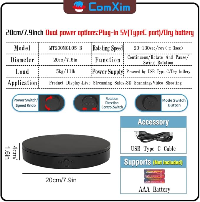 Rotating Display Stand with Type-C Power Cable, Motorized Turntable Adjustable Speed and Direction, Photography Spinning Platform for Product Shooting and Displaying (Black, 7.87'')
