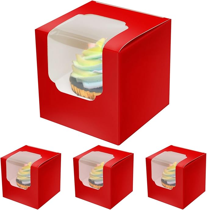 qiqee Red Cupcake Boxes Individual Cupcake Container 60pcs 3.5" x 3.5" x 3.5" Auto-Popup Single Cupcake Boxes (60 Boxes+60 Inserts)