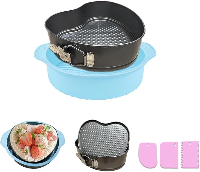 8.7 In Springform Pan, heart Leakproof Nonstick Removable Bottom Cheesecake Pan, Baking Silicone Protector with 3PCS icing smoother