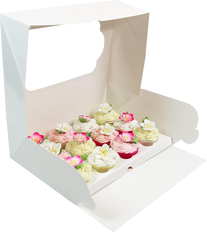 Global Sugar Art Auto-Popup Quarter Sheet Cake Box or 12 Cupcake Box, White 14 x 10 x 4 Inches, 5 Count. Also for 9 x 13 sheet cakes, cookies, pastries, desserts.