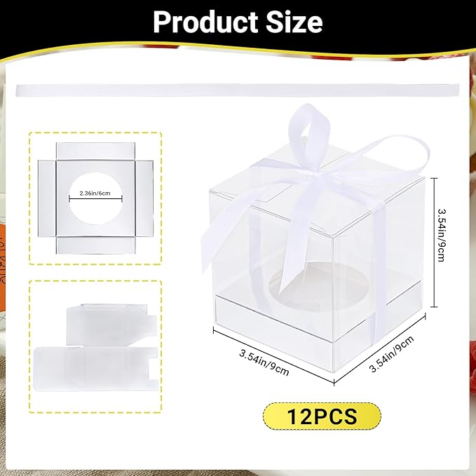 EUSOAR Clear Cupcake Wrappers, 12pcs 3.5 Inch Plastic Individual Tall Cupcake Box, Single Transparent Cupcake Holder Carrier with Ribbon and Inserts for Wedding Party Favor- Silver