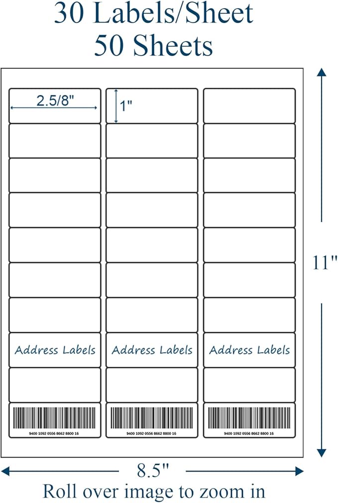 1" x 2-5/8" Address Labels, 900 Labels(30 Sheets)- for Laser/Inkjet Printer, Sticker Paper White 30 per Sheet
