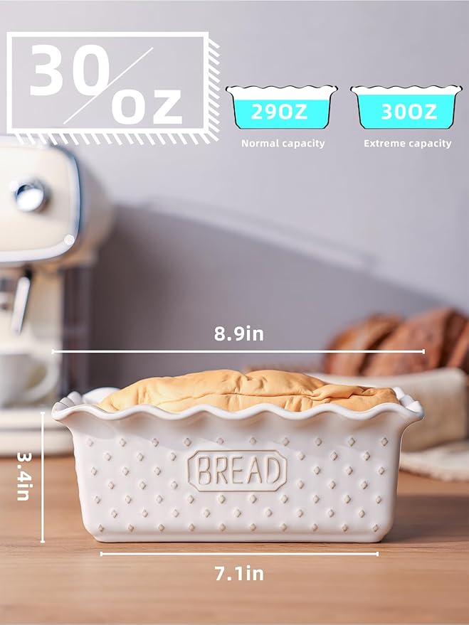 Ceramic Loaf Pan for Baking Bread, 9 x 5 Inch, Nonstick Bread Pans for Cooking, Microwave & Dishwasher Safe, Rectangular Mold (Vintage White)