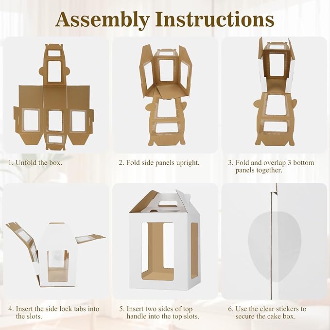 6 Pack Tall Cake Boxes with Cake Boards, 10x10x12 Inch Tiered Cake Box with 6 Windows, Layer Cake Carrier with Handle Bakery Take out Containers for Wedding Birthday Party (White-10x10x12 Inch-6 Pack)