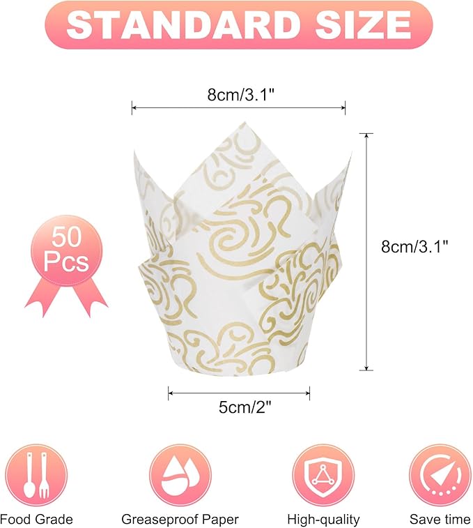 uxcell 50 Pcs Tulip Baking Cups Cupcake Muffins Liners Paper Greaseproof Wrappers for Wedding Birthday Party Festivals Christmas, White/Gold