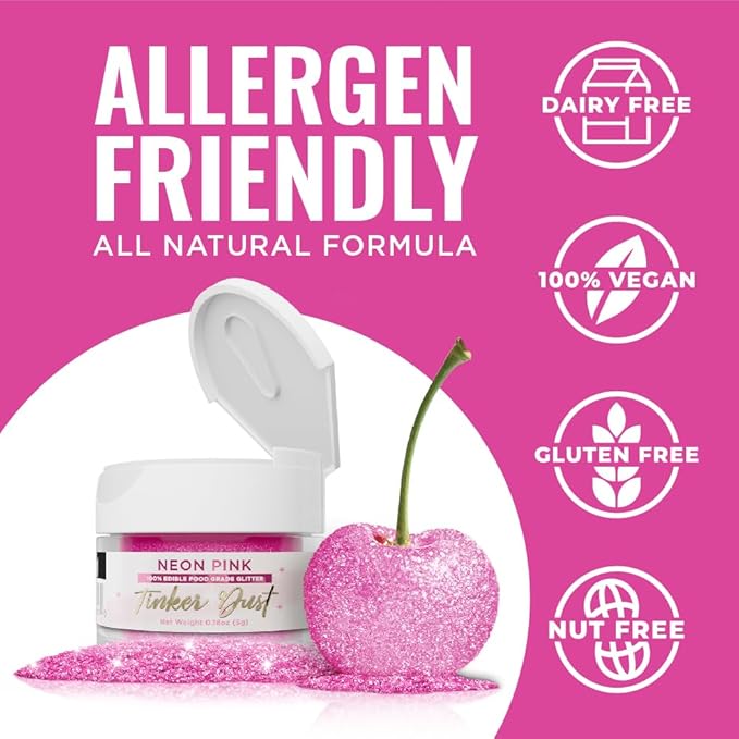 Bakell - Neon Pink Tinker Dust (5g, 1x Jar) Edible Glitter for Food, Desserts, and Beverages!