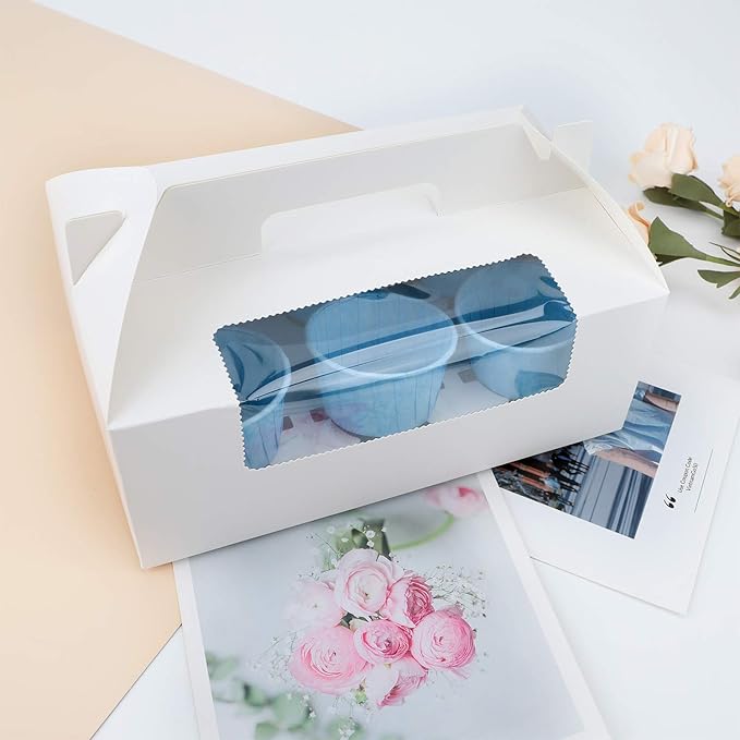 EUSOAR Cupcake Boxes with Holders, 50pcs 9.3" x 5.9" x 3.5" Cupcake Carrier with Handle Insert Display Window, Party Favor Bakery To Go Cupcake Muffin Carry Boxes Container Fits 6 Cupcakes or Muffins