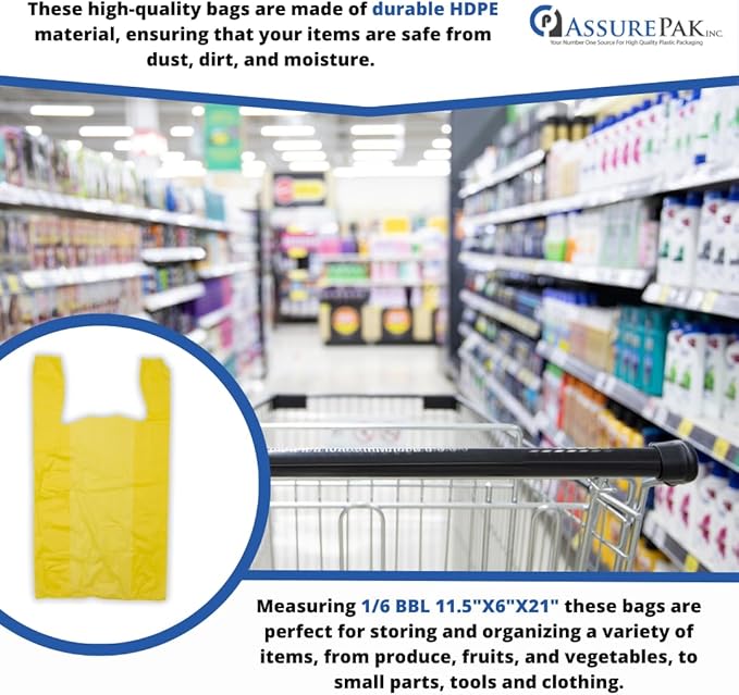 ASSUREPAK Colored Unprinted HDPE T-Shirt Bags - 200 Bags - 1/6 BBL 11.5"X6"X21" - 200 Units - 13 microns - Yellow - Perfect for Groceries, Shopping, Boutique Bags and Retail Stores LOOP-YELLOW