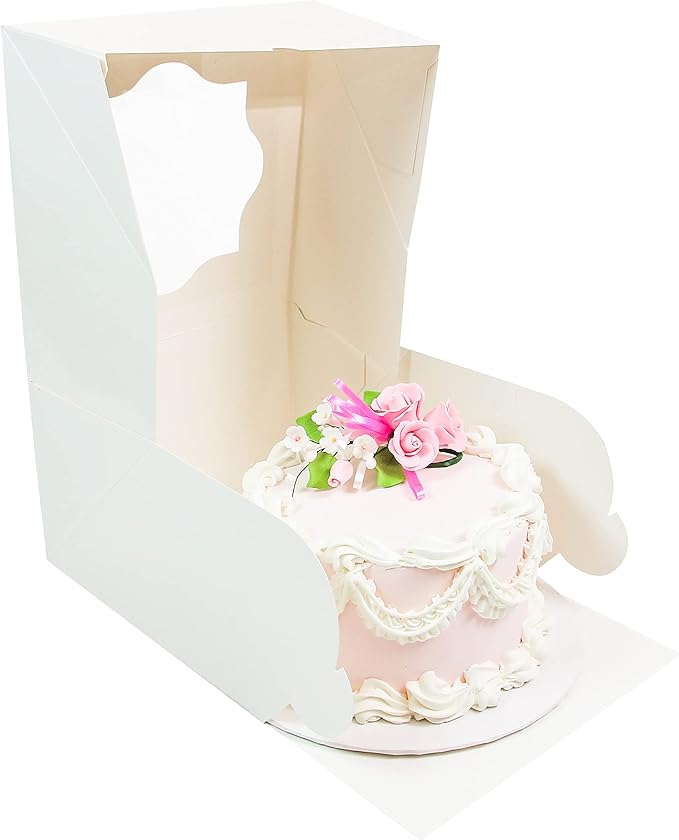 Global Sugar Art Auto-Popup Deep Square Cake Box with Window, White 8 x 8 x 5 Inches, 5 Count