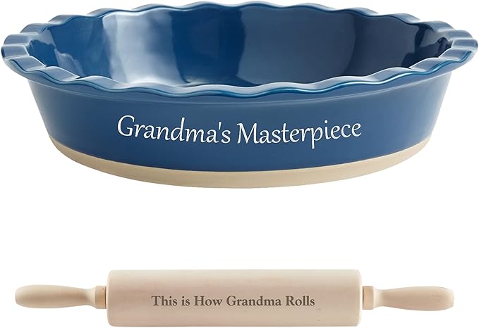 Let's Make Memories Personalized Stoneware Pie Dish - Navy + Rolling Pin