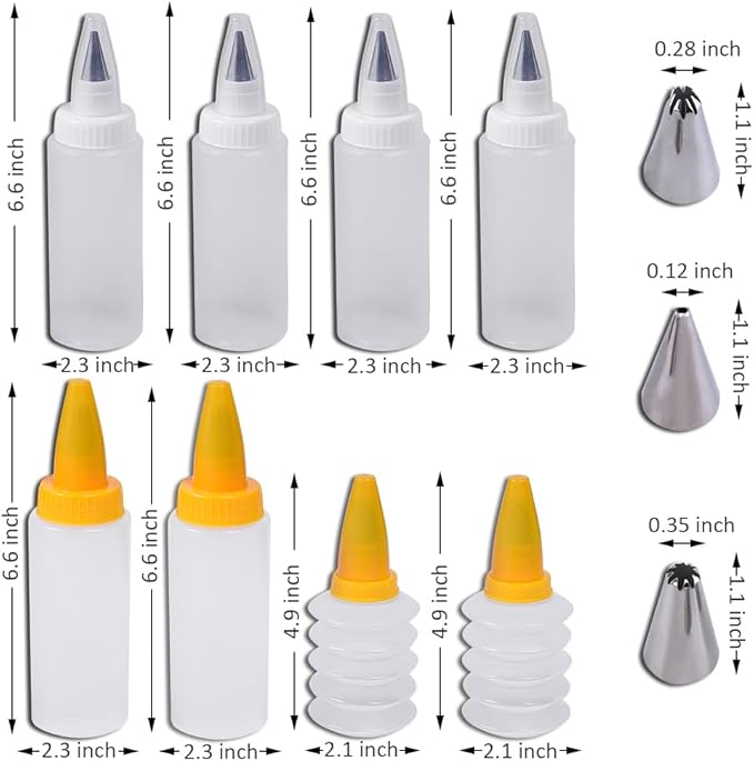 Icing Bottles with Stainless Steel Piping Tips (8 pcs) - 2 Foldable, 4 Beak, 2 Bicolor Bottles, Plastic & Stainless Steel, White & Yellow, Cake Decorating