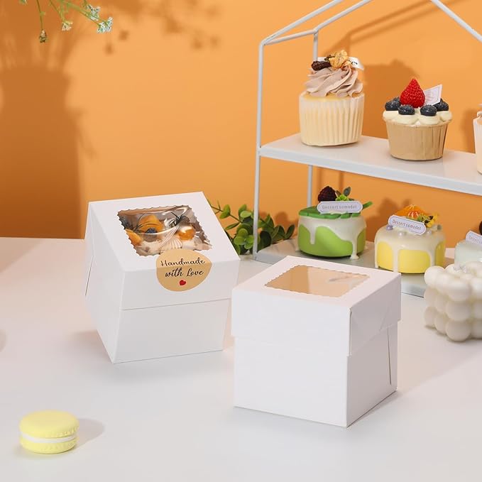 COTOPHER 5Pcs Mini Cake Boxes, 4x4x4 Inches Bakery Boxes with Window, Small Dessert Box Cake Packaging for Pastries, Cookies, Chocolates, Cupcakes, Birthday Party, Wedding