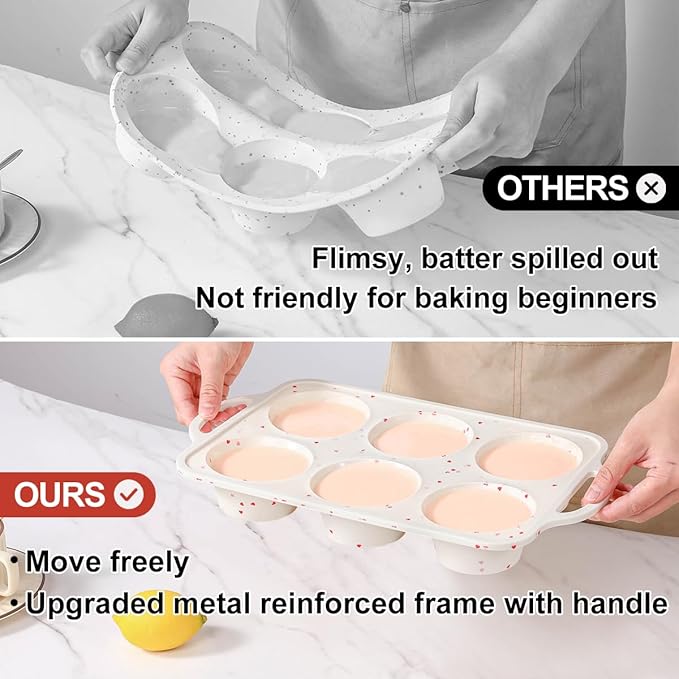 CAKETIME Large Muffin Pan, Metal Reinforced Frame 3.5 Inch Jumbo Silicone Muffin Pan Nonstick 6 Cups for Baking Jumbo Muffin, Frittatas, Cupcakes 2 Pack Love Heart