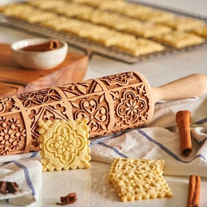 17" Premium Wooden Rolling Pins for Baking with European Embossed Designs | 3mm Deep Springerle Cookie Molds | Christmas Rolling Pin & Baking Gifts for Women | Includes 3-in-1 Cleaning Brush