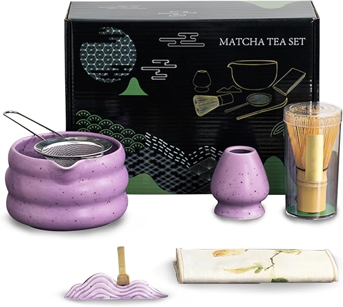 cjc 7-Pcs Matcha Whisk Set, Matcha Sets - Matcha Bowl with Spout, Bamboo Whisk and Holder, Scoop, Sifter ect.– Complete Gift for Matcha Lovers, Japanese Tea Ceremony（Pruple）
