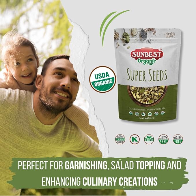 Sunbest Natural Organic Super Seeds Blend, 2-Pack (16 oz each) of Organic Seeds including Raw Pumpkin, Chia, Hemp, Sunflower & Flax – Perfect for Salad Toppings