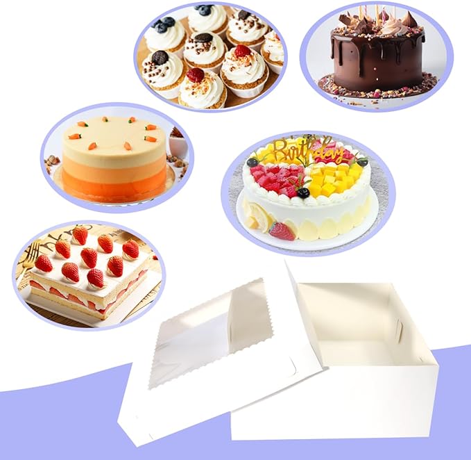 JJO Cake Boxes with Window 14x14x6 Inch 10 Pack,Wedding Cake Boxes,Large Cake Carrier,Disposable Cake Containers for Brownie,Pastries,Cheesecake