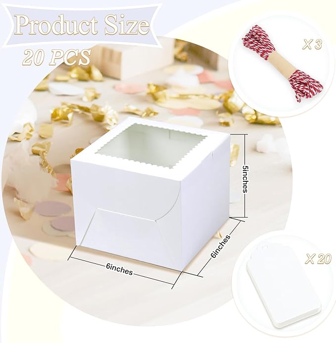 20Pcs Mini Cake Boxes with Window, 6x6x5 Inches White Bakery Boxes, Small 4 Cupcake Boxes, Cake Packaging for Pastries, Cookies, Chocolates, Cupcakes, Birthday Party, Wedding