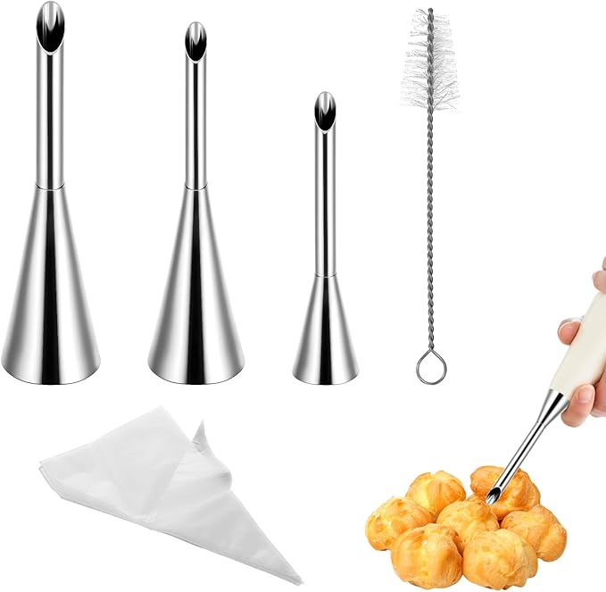Puff Cupcake Filling Piping Tip Set, 50 Pcs Pastry Bags 3 Pcs Tips Stainless Steel Long Puff Nozzle Tip Disposable Clear Pipes Bag with 1 Piece Cleaning Brush for Birthday Wedding Christmas Donuts