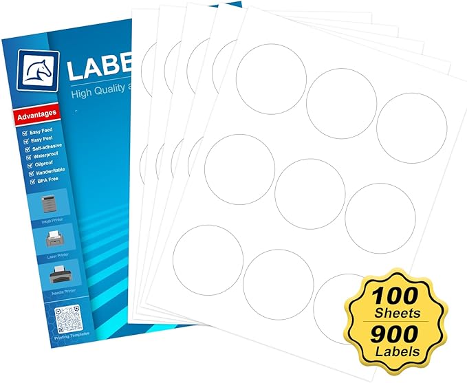 2.5" Round Sticker Labels for Laser/Ink Jet Printers, White Printable Labels Sheets, Circle Sticker Labels, 100 Sheets | 900 Labels (HB-C009)