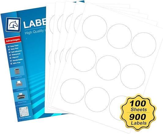 2.5" Round Sticker Labels for Laser/Ink Jet Printers, White Printable Labels Sheets, Circle Sticker Labels, 100 Sheets | 900 Labels (HB-C009)