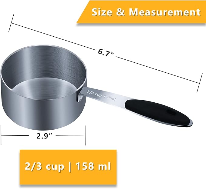 1PCS 2/3Cup (158ml, 5.4oz) Single Measuring Cup with Black Silicone Grip, Stainless Steel Individual Measure Scoop Only
