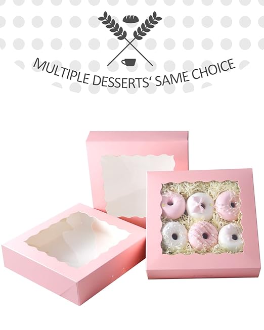 qiqee Auto-pop Up Pink Pastry Box With Window 8x8x2.5 Inch Donut Pie Boxes 30pcs Bakery Box
