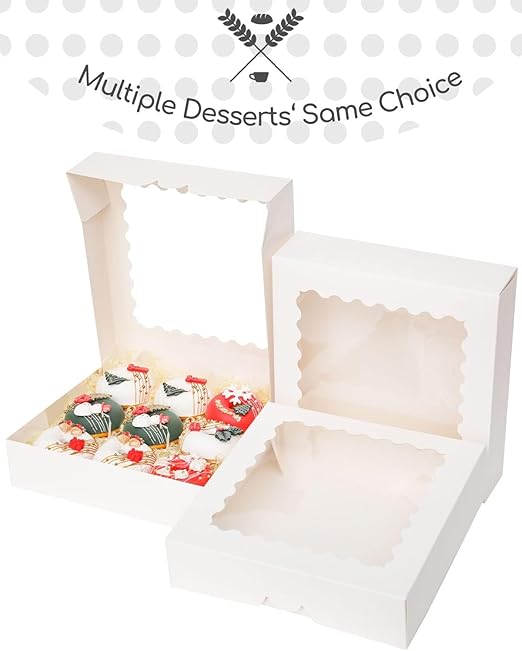 qiqee Auto-pop Up 30pcs Pie Box With Window 9x9x2.5 Inch Donut Pastry Boxes White Bakery Box
