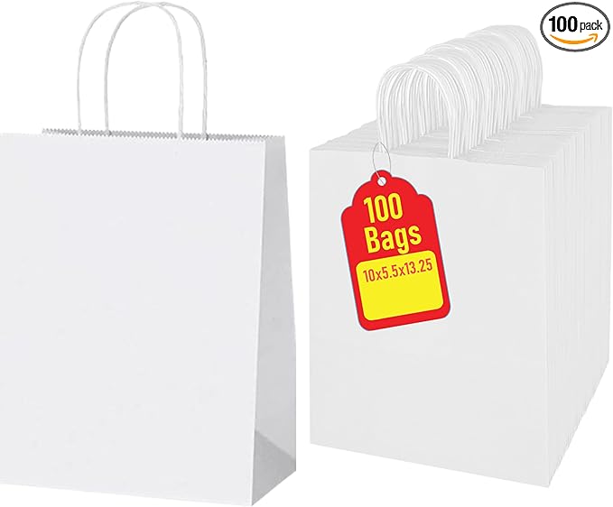 Premium 10x5x13 Paper Bags with Handles - Pack of 100, White Paper Bags Ideal for Shopping, Wedding, Business, Retail, Craft, Gifts & More - Durable, 100% Recyclable White Quality Bags