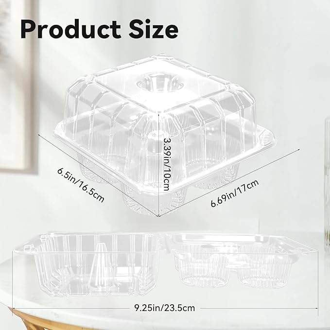 40 Pack 4-Compartment Cupcake Containers, Clear Plastic Cupcake Boxes, 4-Cavity Cupcake Holders with Deep Dome for Bakery Muffin