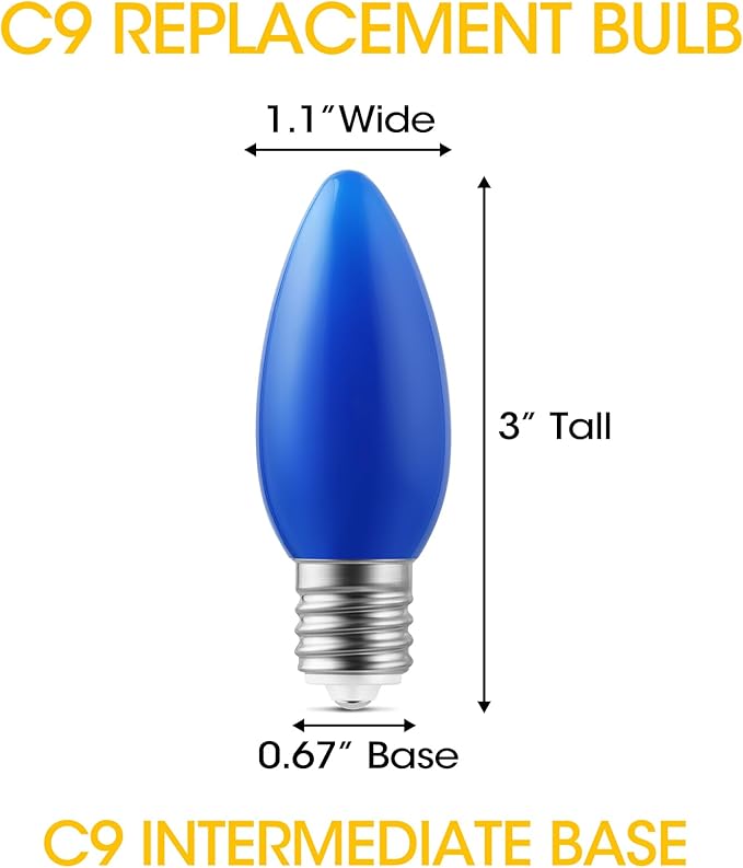 25-Pack Ceramic C9 Christmas Light Bulbs, Blue LED Light Bulbs Holiday Decoration, Christmas Decor for Indoor & Outdoor Use, E17/C9 Intermediate Base (Blue Smooth)