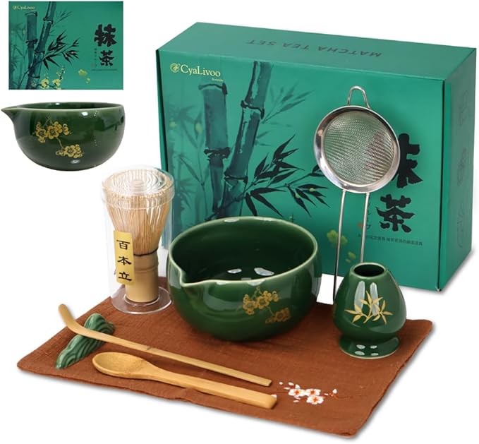 Matcha Whisk Set, Complete 8 Pcs Matcha Kit for Japanese Tea Ceremony, Ceramic Bowl with Spout, Bamboo Whisk, Spoon, Scoop, Sifter, Christmas Gift for Beginners and Matcha Lovers(Green)