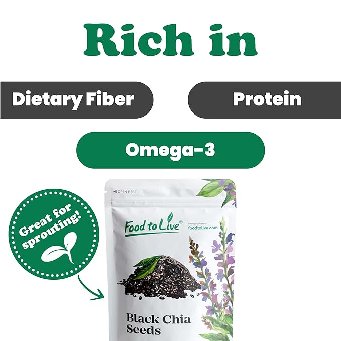 Food to Live - Black Chia Seeds, 2.5 Pounds Whole, Sproutable, Vegan, Kosher, Keto, Sirtfood, Bulk. Rich in Essential Fatty Acids, Fiber, Protein. Great for Chia Pudding, Smoothie, Oatmeal