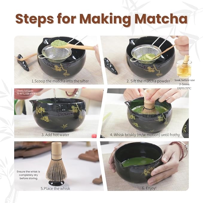 Matcha Whisk Set, Complete 8 Pcs Matcha Kit for Japanese Tea Ceremony, Ceramic Bowl with Spout, Bamboo Whisk, Spoon, Scoop, Sifter, Christmas Gift for Beginners and Matcha Lovers(Black)