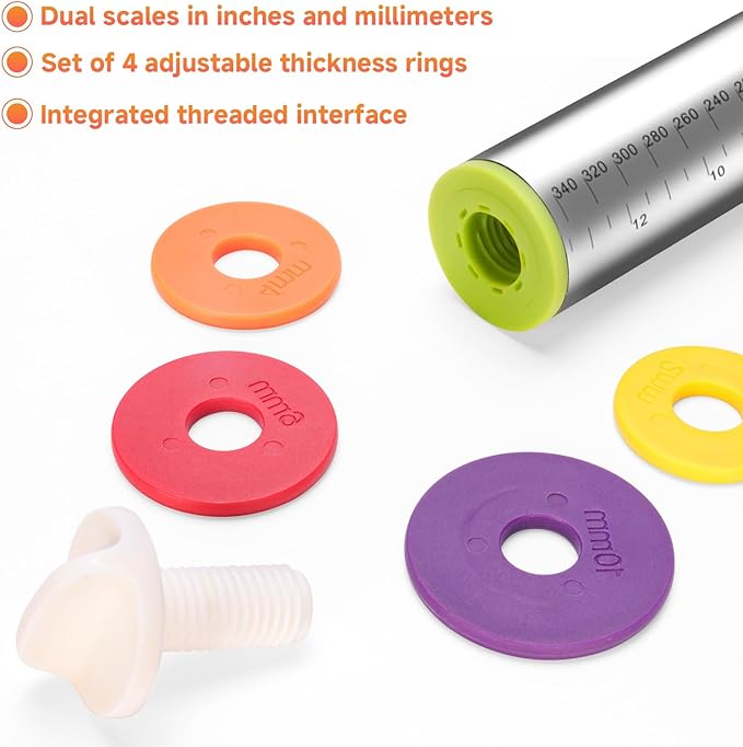 Stainless Steel Rolling Pin with Thickness Rings and Pastry Baking Mat, Pizza, Cookie, Bread, Pie Crusts,Roller Rod for Dough Thickness, 13.6" with 4 Multicolored Thickness Rings&Cookie Molds