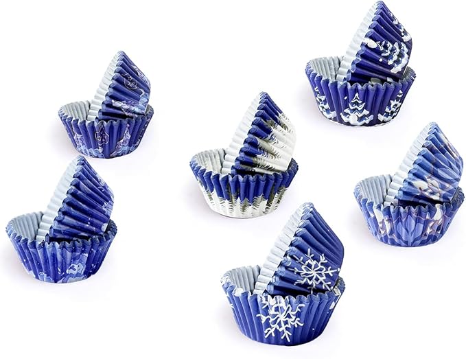 qiqee Christmas Cupcake Liners Mini 300PCS Gradient Bue Cupcake Cups 6 Designs Cupcake Papers Baking Cups Wrappers For Holiday Party Supply (Small Size)