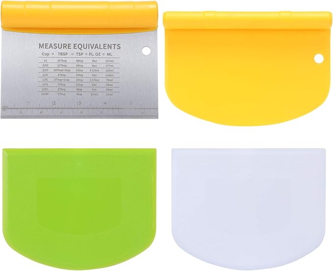 Bench Scraper-Stainless Steel Dough Scraper and Flexible Plastic Bowl Scraper 4-Piece Set-Bread/Pastry/Pizza Cutter, Multifunctional 2-in-1 Baking Tools With Measurement Marks