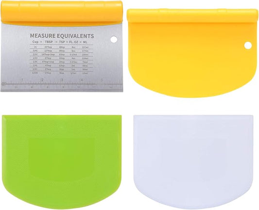 Bench Scraper-Stainless Steel Dough Scraper and Flexible Plastic Bowl Scraper 4-Piece Set-Bread/Pastry/Pizza Cutter, Multifunctional 2-in-1 Baking Tools With Measurement Marks