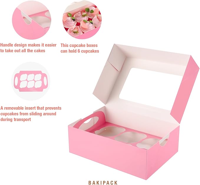 25 Pink Cupcake Boxes, Cupcake Boxes 6 Count with Window and Inserts, Mother's Day Cupcake Holders for Cupcakes, Muffins, Cookies