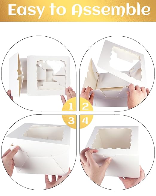 qiqee 10x10x5 Cake Box, 4 Sets White Cake Box with Window ＆ 4 Sets 10" White Cake Round Boards, 10inch Cake Containers