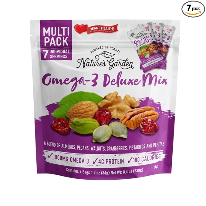 Nature's Garden Omega 3 Deluxe Mix - Trail Mix, Heart Healthy, Gluten Free, Cholesterol Free, Sodium Free, No Artificial Ingredients - 1.2 oz Bags (7 Individual Servings)