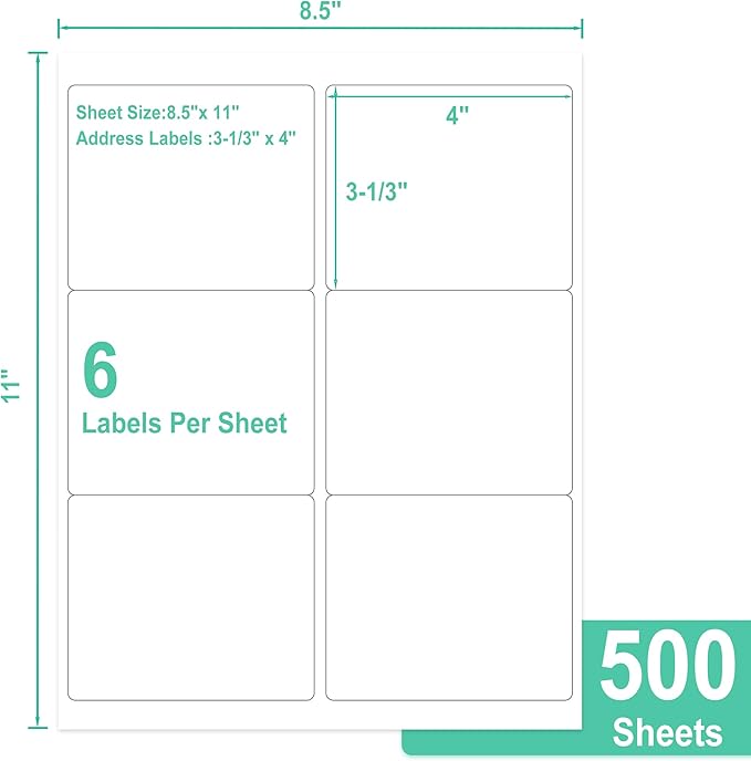 L LIKED Printable Shipping Address Labels, 500 Sheets, 3-1/3" x 4" Sticker Labels for Laser/Inkjet Printing, Matte White - 3000 PCS Labels.