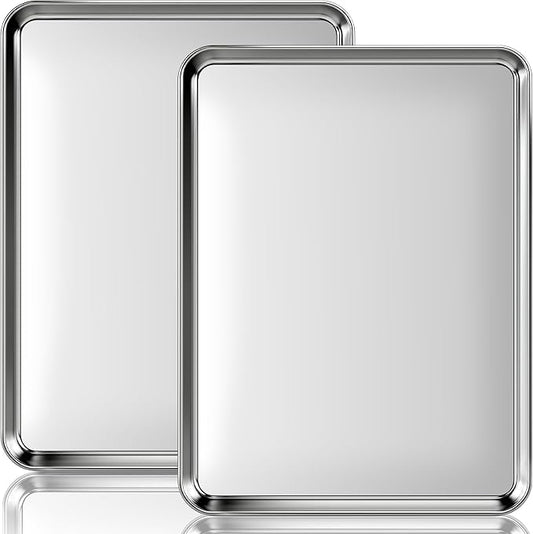 Stainless Steel Baking Sheet Set, 2 Pcs Cookie Sheet Pan Baking Trays for Oven, Non Stick and Heavy Duty and Easy Clean, 15.9 x 12 x 1 Inch