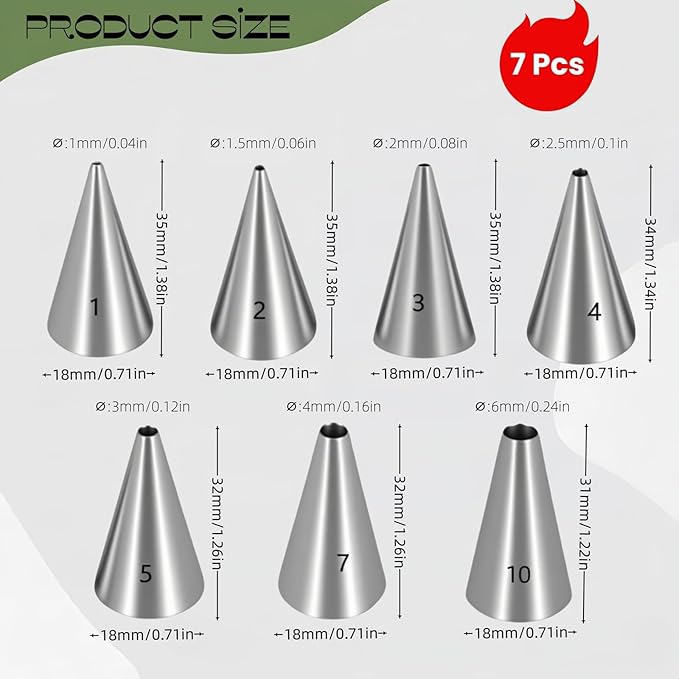 7 Pcs Round Hole Piping Tips Set, Stainless Steel Icing Tips for Cake Decorating, Cupcake Nozzles, Cake Decorating Tools & Supplies, Cake Piping Kit, Pastry Icing Dispensers, Cream Bag Filler,