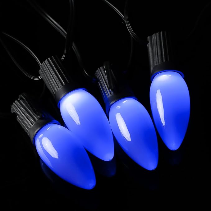 25-Pack Ceramic C9 Christmas Light Bulbs, Blue LED Light Bulbs Holiday Decoration, Christmas Decor for Indoor & Outdoor Use, E17/C9 Intermediate Base (Blue Smooth)
