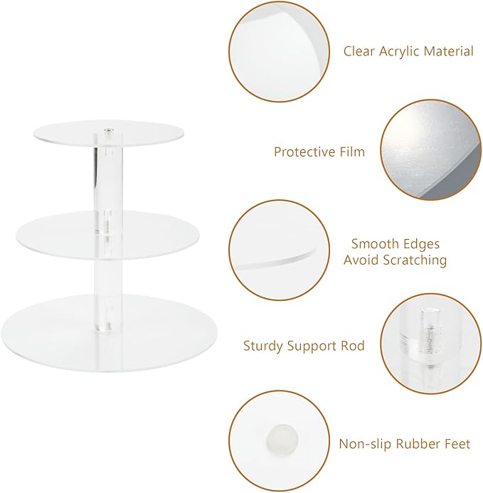 3 Tier Cake Stand, Acrylic Round Cupcake Stand Clear Cupcake Tower Holder Display Stand for Party, Birthday, Wedding, Dessert, Baby Shower Decor