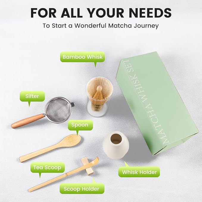 COANTO Matcha Whisk Set - Includes Sifter Bamboo Whisk (Chasen), Tea Spoon, Spoon Holder, Scoop and Whisk Holder, 6pcs (No Bowl Included)
